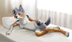 anthro bed breasts canine dog featureless_breasts female lemurlemurovich looking_aside lying mammal nude on_bed pillow solo wide_hips 