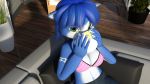  2018 3d_(artwork) anthro black_nose blue_fur blue_hair breasts canine cleavage clothed clothing daz3d digital_media_(artwork) female food fox fur green_eyes hair hi_res krystal looking_at_viewer mammal nintendo sitting solo star_fox torqueemup video_games 