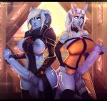  2018 animal_genitalia animal_penis areola armor balls big_balls big_breasts big_penis blizzard_entertainment blue_skin breasts clothed clothing dickgirl digital_media_(artwork) draenei duo equine_penis erection glowing glowing_eyes hair hi_res horn huge_balls huge_penis humanoid intersex legwear lightforged_draenei looking_at_viewer nipples not_furry nyuunzi penis pointy_ears shikaari smile tattoo thick_thighs vein video_games warcraft white_hair 