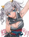  arm_up blue_eyes breasts cleavage cleavage_cutout hair_ornament hairclip kaguya_luna kaguya_luna_(character) open_mouth rabbit_(wlsdnjs950) silver_hair solo twintails v virtual_youtuber 