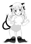  &gt;:p animal_ear_fluff animal_ears bangs black_legwear blush bow breasts cat_ears cat_tail claw_pose commentary_request fangs full_body greyscale hair_bow hair_ornament hairclip highres kneeling medium_breasts medium_hair monochrome muku_(muku-coffee) multiple_tails navel nipples nude original pussy sheeney_(muku) solo tail thigh_gap thighhighs tongue tongue_out white_hair 