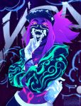  akali baseball_cap bodypaint bracelet commentary covered_mouth cropped_jacket crossed_arms cunnilingus_gesture english_commentary face_mask graffiti guttertongue hat hood hooded_jacket idol inverted_colors jacket jewelry k/da_(league_of_legends) k/da_akali league_of_legends looking_at_viewer mask medium_hair midriff navel neon purple_hair raver solo spray_can toned ultraviolet_light yellow_eyes 
