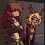  2018 :3 ahoge anthro antlers belt book cervine clothed clothing crossed_arms deltarune duo female hair_over_eyes hair_tie holding_object horn inside jacket locker mammal noelle_holiday plagueofgripes reindeer reptile scalie standing susie_(deltarune) 