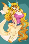  2018 anthro big_breasts blonde_hair blue_eyes braided_hair breasts chalo cleavage clothed clothing female fish hair long_hair looking_at_viewer marine non-mammal_breasts one_eye_closed sasha_sweets shark signature solo thick_thighs voluptuous wide_hips 