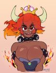  1girl blonde_hair bowsette breasts chain_chomp cleavage collar dark_skin earrings fire horns jewelry large_breasts looking_at_viewer maiz-ken mario_(series) multicolored_hair new_super_mario_bros._u_deluxe nintendo open_mouth pink_background ponytail red_eyes red_hair sharp_teeth simple_background sketch smile solo spiked_armlet spiked_collar spikes strapless super_crown teeth thick_eyebrows tongue 