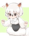  ? animal_ears bangs bow bowtie breasts center_frills closed_mouth commentary_request eyebrows_visible_through_hair eyelashes eyes_visible_through_hair fur_collar hair_between_eyes hands_up kemono_friends long_sleeves multicolored_hair palms sketch_eyebrows solo southern_tamandua_(kemono_friends) tail tatsuno_newo twitter_username underbust v-shaped_eyebrows wavy_mouth white_fur white_hair white_neckwear 