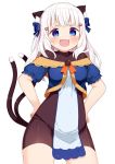  :d animal_ear_fluff animal_ears arms_at_sides bangs blue_eyes blush bodysuit bow buttons cat_ears cat_tail commentary_request contrapposto covered_navel cowboy_shot crop_top fangs hair_bow hair_ornament hairclip hands_on_hips highres medium_hair muku_(muku-coffee) multiple_tails open_mouth original pelvic_curtain puffy_short_sleeves puffy_sleeves sheeney_(muku) short_sleeves skin_tight smile solo strapless tail v-shaped_eyebrows white_hair 