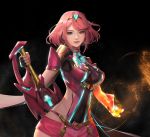  bangs breasts covered_navel earrings fingerless_gloves fire gloves headpiece highres homura_(xenoblade_2) jewelry large_breasts looking_at_viewer red_eyes red_hair red_shorts short_hair shorts shoulder_armor smile solo sunkilow swept_bangs sword tiara weapon xenoblade_(series) xenoblade_2 