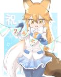  animal_ears aqua_background bangs blazer border bow bowtie breasts commentary_request eyebrows_visible_through_hair ezo_red_fox_(kemono_friends) fox_ears fox_girl fox_tail fur_trim gloves gradient_hair gradient_skirt hair_between_eyes holding jacket kemono_friends long_hair long_sleeves looking_at_viewer miniskirt multicolored_hair necktie open_mouth orange_hair orange_neckwear outside_border pantyhose parted_bangs pleated_skirt print_neckwear raised_eyebrows sketch_eyebrows skirt snowflake_background snowflake_print solo standing tail tatsuno_newo thigh_gap translation_request tsurime very_long_hair white_border white_hair white_jacket white_neckwear winter winter_clothes 