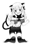  :d animal_ear_fluff animal_ears bangs black_legwear blush bodysuit bow cameltoe cat_ears cat_tail claw_pose commentary_request covered_navel fangs full_body greyscale hair_bow hair_ornament hairclip highres kneeling medium_hair monochrome muku_(muku-coffee) multiple_tails open_mouth original pelvic_curtain pelvic_curtain_lift sheeney_(muku) skin_tight smile solo strapless tail thigh_gap thighhighs v-shaped_eyebrows white_hair 