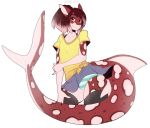  anthro brown_hair bulge clothed clothing crossdressing darryl_(uk-brony) fish girly hair legwear long_tail looking_at_viewer male marine panties ponytail red_skin shark shirt simple_background skirt smile solo spots spotted_skin suelix thigh_highs underwear white_background white_skin yellow_eyes 