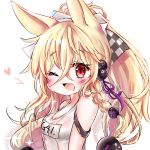  animal_ears armband bare_shoulders blonde_hair blush bow braid breasts checkered checkered_bow commentary_request eyebrows_visible_through_hair fang g41_(girls_frontline) girls_frontline hair_between_eyes hair_bobbles hair_bow hair_ornament highres honyang korean_commentary long_hair looking_at_viewer low-tied_long_hair low_twintails name_tag one_eye_closed open_mouth purple_ribbon red_eyes ribbon school_swimsuit simple_background single_braid small_breasts smile solo sparkle swimsuit twintails upper_body white_background white_school_swimsuit white_swimsuit 