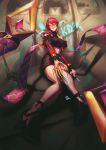  breasts claws detached_sleeves evelynn full_body fur_trim glasses ground_vehicle high_heels highres idol k/da_(league_of_legends) k/da_evelynn league_of_legends lipstick looking_at_viewer makeup medium_breasts midriff motor_vehicle pince-nez purple_hair r8-18 sitting skirt sleeveless smile solo sunglasses van yellow_eyes 