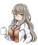  breasts brown_eyes brown_hair cup futaba_rio glasses labcoat large_breasts long_hair looking_at_viewer mug necktie open_clothes red_neckwear seishun_buta_yarou simple_background solo unname upper_body wavy_hair white_background 