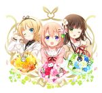  ;) anko_(gochiusa) blazer blonde_hair blue_eyes blush bouquet brown_hair clenched_hand closed_mouth collarbone eyebrows_visible_through_hair flower gochuumon_wa_usagi_desu_ka? green_eyes hair_between_eyes hair_flower hair_ornament hairclip head_tilt hoto_cocoa hoto_cocoa's_school_uniform jacket kirima_sharo koi_(koisan) long_sleeves looking_at_viewer multiple_girls necktie official_art one_eye_closed plaid_neckwear purple_eyes school_uniform serafuku smile sweater tedeza_rize's_school_uniform tippy_(gochiusa) ujimatsu_chiya upper_body white_background wild_geese 