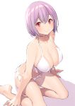  bangs bare_shoulders bikini blush breasts cleavage closed_mouth collarbone commentary_request hips large_breasts lavender_hair legs looking_at_viewer pop_kyun red_eyes shinjou_akane short_hair simple_background smile solo ssss.gridman swimsuit thighs white_background white_bikini 