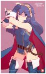  adjusting_clothes adjusting_gloves artist_name ass_visible_through_thighs blue_eyes blue_gloves blue_hair boots cape eyebrows_visible_through_hair eyes_visible_through_hair fingerless_gloves fire_emblem fire_emblem:_kakusei gloves long_hair looking_at_viewer lucina no_panties no_pants phinci pink_background pussy_juice pussy_juice_trail sleeveless smile solo thigh_boots thighhighs tiara 