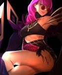  armpits bare_shoulders breasts claws commentary crop_top crossed_legs detached_sleeves evelynn eyelashes fingernails fur_trim glasses heart_tattoo i-pan idol jacket jewelry k/da_(league_of_legends) k/da_evelynn league_of_legends legs lipstick makeup medium_breasts midriff nail_polish necklace parted_lips pince-nez pink_hair pink_lipstick sharp_fingernails sitting skirt sleeveless smile solo sunglasses tattoo yellow_eyes 