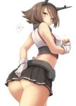  ass bad_id bad_twitter_id bare_arms black_skirt blush breasts brown_hair collar eating fairy_(kantai_collection) flipped_hair food giantess gloves green_eyes headgear holding holding_food kantai_collection looking_back medium_breasts metal_belt metal_collar midriff mutsu_(kantai_collection) pleated_skirt short_hair simple_background size_difference skirt solo striped striped_skirt sweet_potato upper_body utopia white_background white_gloves 