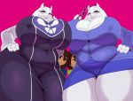  anthro big_breasts blush breast_squish breasts brown_eyes brown_hair caprine claws cleavage clothed clothing deltarune eyebrows eyewear female fully_clothed fur glasses goat group hair hand_on_hip holding_object horn huge_breasts human kris_(deltarune) looking_at_viewer male mammal mature_female miniskirt nipple_bulge overweight overweight_female pink_background protagonist_(undertale) purple_eyes sharp_teeth simple_background skirt smile square_crossover sssonic2 teeth thick_thighs toriel undertale video_games voluptuous white_fur wide_hips 