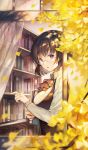  :o black_hair book bookshelf eyebrows_visible_through_hair from_side ginkgo_leaf glasses highres holding holding_book indoors looking_at_viewer original pale_skin purple_eyes short_hair sibyl solo 