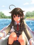  :d absurdres ahoge bangs blue_eyes blush boat braid breasts brown_hair camera cloud coat commentary_request day eyebrows_visible_through_hair hair_between_eyes hair_flaps hair_ornament hair_over_shoulder hairclip highres holding kantai_collection long_hair looking_at_viewer medium_breasts open_mouth outdoors panties pantyshot pantyshot_(sitting) red_neckwear remodel_(kantai_collection) ribbon rowing sarfata shigure_(kantai_collection) single_braid sitting skirt sky smile socks solo tree twin-lens_reflex_camera underwear water watercraft white_panties 