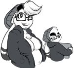  anthro areola beanie biped breasts bust_portrait chest_tuft cleavage clothed clothing duckdraw duo eddie_(duckdraw) edna_mallard eyebrows eyelashes eyewear female female_focus floppy_ears fur glasses hands_in_pockets hat holding_object hoodie lagomorph long_ears looking_at_viewer looking_back male mammal monochrome navel open_mouth open_smile portrait rabbit simple_background skimpy slightly_chubby smile solo_focus sweater teeth tongue tuft two_tone_ears unbuttoned white_background 