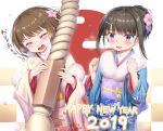  2019 2girls beige_kimono blue_kimono blush brown_hair checkered checkered_background commentary_request eyes_closed floral_print flower flying_sweatdrops hair_flower hair_ornament happy_new_year highres japanese_clothes kimono long_sleeves multiple_girls nedia_(nedia_region) new_year obi open_mouth original pink_flower print_kimono purple_eyes sash sparkle translation_request wide_sleeves 