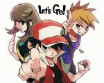  2boys badge baseball_cap black_hair blue_(pokemon) brown_eyes brown_hair grin hat holding holding_poke_ball jewelry long_hair looking_at_viewer multiple_boys necklace ookido_green pointing pointing_at_viewer poke_ball poke_ball_(generic) pokemon pokemon_(game) pokemon_lgpe red_(pokemon) red_(pokemon_rgby) salute sidelocks smile spiked_hair tofu_(tttto_f) two-finger_salute upper_body 