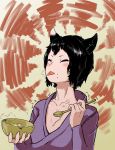  2018 5_fingers absurd_res animal_humanoid black_hair blush breasts cat_humanoid clothed clothing digital_media_(artwork) dungeon_meshi eating eyes_closed feline female fur hair hi_res holding_object humanoid izutsumi mammal short_hair simple_background solo tongue tongue_out 舍生取义 