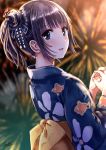  :d animal_print bangs blue_eyes blue_kimono blunt_bangs blurry blurry_background brown_hair eyebrows_visible_through_hair fireworks fish_print grey_ribbon hair_ornament hair_ribbon highres japanese_clothes kazuharu_kina kimono looking_at_viewer looking_back nail_polish obi open_mouth orange_nails original print_kimono ribbon sash shiny shiny_hair signature smile solo tied_hair upper_body yukata 