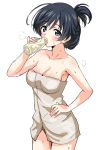  black_hair blue_eyes bottle breasts cleavage collarbone cowboy_shot drinking eyebrows_visible_through_hair girls_und_panzer grey_towel hair_between_eyes hair_ornament hand_on_hip highres isuzu_hana medium_breasts milk_bottle naked_towel rozen5 simple_background solo standing sweat tied_hair towel white_background 