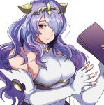  camilla_(fire_emblem_if) dress elbow_gloves fingerless_gloves fire_emblem fire_emblem_heroes fire_emblem_if gloves hair_over_one_eye holding holding_paper looking_at_viewer paper purple_eyes purple_hair rem_sora410 simple_background smile solo white_background 