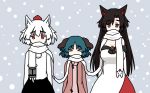  animal_ears arms_at_sides bare_shoulders black_skirt blue_background blush_stickers breasts brooch brown_hair cameo cleavage closed_eyes dog_ears dress eyebrows_visible_through_hair green_hair hat imaizumi_kagerou inubashiri_momiji jewelry kasodani_kyouko kurokoori large_breasts lesser_dog long_hair long_sleeves multicolored multicolored_clothes multicolored_dress multiple_girls off-shoulder_dress off_shoulder open_mouth pink_dress polka_dot polka_dot_background pom_pom_(clothes) red_dress scarf shared_scarf shirt simple_background skirt tokin_hat touhou undertale white_dress white_hair white_shirt wolf_ears 