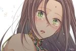  arc_the_lad arc_the_lad_ii bare_shoulders brown_hair commentary_request crying crying_with_eyes_open dark_skin green_eyes izumi_kouyou jewelry long_hair looking_at_viewer necklace open_mouth sania_(arc_the_lad) simple_background solo tears 