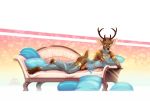  2018 anthro antlers arm_support bracelet cervine chain chastity_cage clothed clothing girly harem_outfit horn humanoid_hands jewelry ladychimaera looking_at_viewer male mammal penis piercing pillow reclining simple_background smile solo translucent transparent_clothing 