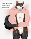  abs anthro battaph bottomless canine clothed clothing english_text male mammal meme muscular muscular_male pecs sweater text wolf 