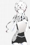  androgynous clipboard gem_uniform_(houseki_no_kuni) ghost_quartz_(houseki_no_kuni) grey_eyes hair_over_one_eye houseki_no_kuni looking_at_viewer necktie short_hair_with_long_locks smile solo spot_color white_hair 