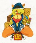  aku-aku anthro apple bandicoot big_breasts blonde_hair box breasts cleavage clothed clothing crash_bandicoot_(series) duo explosives female food fruit hair long_hair male mammal marsupial mask midriff navel skimpy smutbunny tawna_bandicoot tnt video_games 