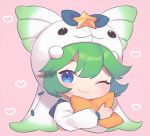  1girl alternate_costume alternate_hair_color alternate_hairstyle blue_eyes green_hair league_of_legends lulu_(league_of_legends) magical_girl pajamas pointy_ears star_guardian_lulu wink yordle 