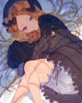  abigail_williams_(fate/grand_order) bangs black_dress black_hat blonde_hair bloomers blue_eyes bow commentary_request dress fate/grand_order fate_(series) feet_out_of_frame forehead hair_bow hat highres holding holding_stuffed_animal hotosoka_(user_nxja5583) long_hair long_sleeves looking_at_viewer lying object_hug on_side orange_bow parted_bangs polka_dot polka_dot_bow sleeves_past_wrists solo stuffed_animal stuffed_toy teddy_bear thighs underwear white_bloomers 