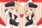  1girl :d armpits bangs black_sleeves blonde_hair blue_eyes brother_and_sister collarbone crop_top detached_sleeves eyebrows_visible_through_hair grin hair_between_eyes hair_ornament hairband hairclip heart_arms_duo kagamine_len kagamine_rin koudzuki_(reshika213) looking_at_viewer midriff neckerchief necktie open_mouth parted_bangs sailor_collar shirt short_hair siblings sleeveless sleeveless_shirt smile stomach striped striped_background sweatdrop upper_body vocaloid white_hairband white_shirt yellow_neckwear 