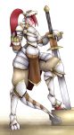  2016 anthro armor blue_eyes claws clothed clothing convincing_weapon female hair helmet hi_res knight lizard long_hair melee_weapon pink_scales plate_armor ponytail r-mk raised_leg red_hair red_scales reptile scales scalie simple_background smile solo sword toe_claws weapon white_background white_claws zweihander 