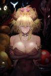  animal_ears bangs bare_shoulders black_collar black_dress blonde_hair blue_earrings blue_eyes borrowed_design bowsette bracelet breasts cleavage collar collarbone commentary_request covered_navel crossed_arms crown dark_samus donkey_kong_(series) donkey_kong_country doubutsu_no_mori dress earrings elbow_gloves evil_grin evil_smile furry gloves glowing glowing_eyes grin highres horns jewelry king_k._rool large_breasts long_hair looking_at_viewer mario_(series) metroid metroid_prime_2:_echoes multiple_girls new_super_mario_bros._u_deluxe piranha_plant princess_king_boo ridley sharp_teeth shizue_(doubutsu_no_mori) silver_hair smile spiked_armlet spiked_collar spiked_shell spikes strapless strapless_dress super_crown super_smash_bros. super_smash_bros._ultimate teeth tongue tongue_out turtle_shell uenoryoma v-shaped_eyebrows 