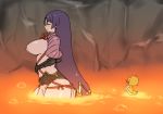  bird breasts closed_eyes commentary duck duckling fate/grand_order fate_(series) highres impossible_clothes katana large_breasts long_hair minamoto_no_raikou_(fate/grand_order) molten_rock purple_hair rei_(rei_rr) smile solo sword tom_and_jerry very_long_hair wading weapon 
