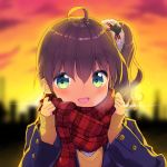  absurdres ahoge blue_eyes blurry blurry_background blush brown_hair cloud cloudy_sky commentary_request heavy_breathing highres hololive looking_at_viewer minamura_haruki natsuiro_matsuri open_mouth scarf school_uniform sky solo sunset upper_body 