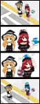  blonde_hair blue_hair braid check_commentary clothes_writing comic commentary_request crosswalk hat hecatia_lapislazuli highres jetto_komusou kirisame_marisa mundane_utility polos_crown red_hair silent_comic single_braid touhou witch_hat 