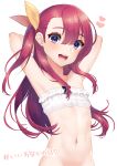  :d armpits arms_behind_head bandeau blue_eyes bottomless crossdressing hair_between_eyes hair_ribbon heart highres long_hair male_focus mizuki_eiru_(akagi_kurage) navel one_side_up open_mouth original otoko_no_ko out-of-frame_censoring purple_hair ribbon smile upper_body yellow_ribbon 