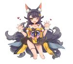  ;d animal_ear_fluff animal_ears bell black_hair black_skirt blush breasts cleavage fangs fox_ears fox_tail green_eyes hair_ornament hairband highres ibex jingle_bell long_hair looking_at_viewer medium_breasts one_eye_closed open_mouth original paw_pose pom_pom_(clothes) skirt smile solo tail white_background wide_sleeves wristband x_hair_ornament 