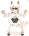  :/ animal_ears artist_logo black_hair bow bow_footwear bowtie brown_eyes closed_mouth commentary_request extra_ears eyebrows_visible_through_hair frills full_body hair_between_eyes hands_up highres kemono_friends long_sleeves looking_at_viewer multicolored_hair outstretched_arms pantyhose paw_pose shirt shoes short_hair sidelocks simple_background skirt solo southern_tamandua_(kemono_friends) spread_arms standing sweatdrop tail tamandua_ears thin_(suzuneya) translated v-shaped_eyebrows white_background white_hair white_legwear white_shirt white_skirt 